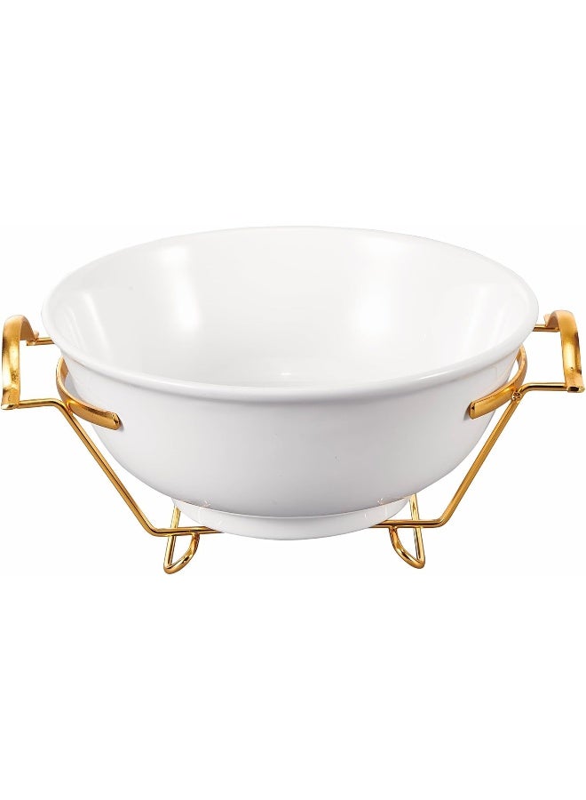 10.8“ Round Ceramic Serving Bowl With Gold Stand – Salad Bowl With Metal Rack - Fruit Basket For Fruit Vegetable Storage Snack Nuts Cake Dessert