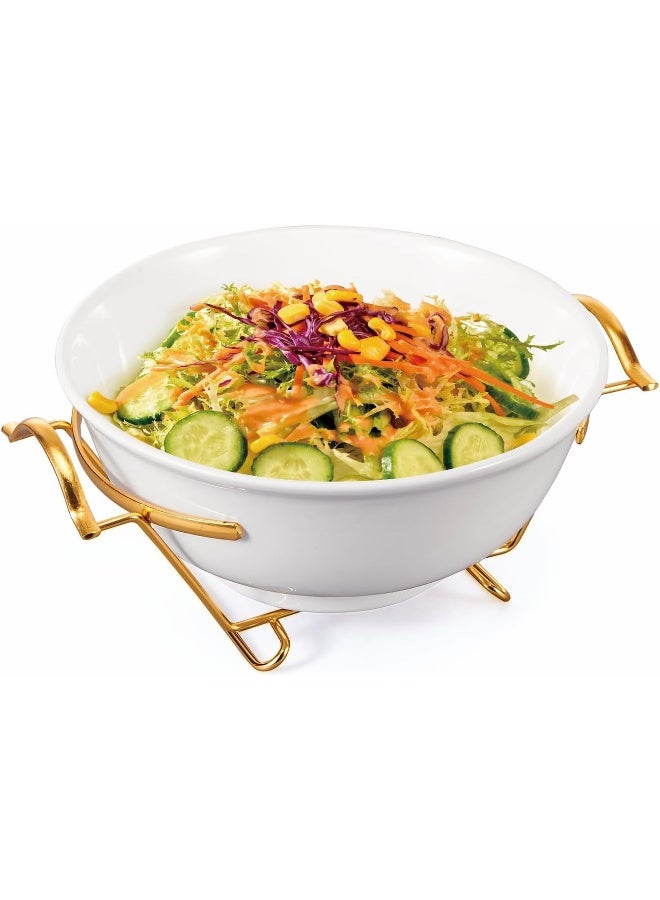10.8“ Round Ceramic Serving Bowl With Gold Stand – Salad Bowl With Metal Rack - Fruit Basket For Fruit Vegetable Storage Snack Nuts Cake Dessert