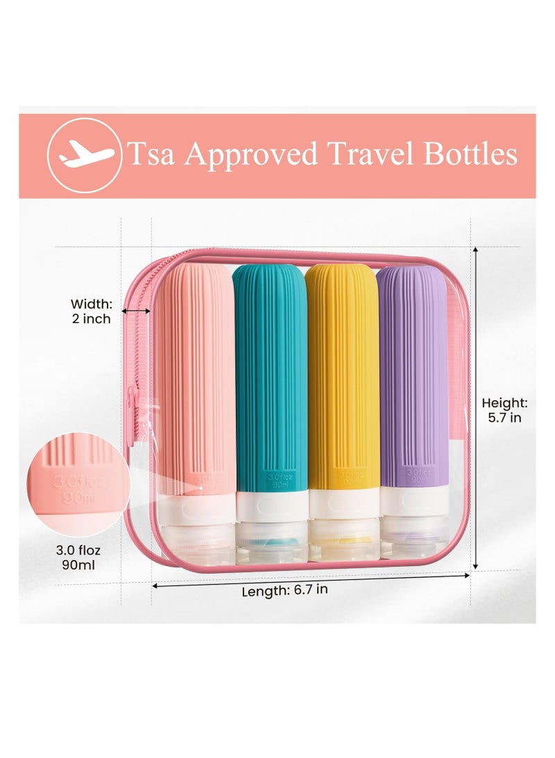 4Pcs Travel Bottles for Toiletries, Portable Travel Bottles, 3oz Leak Proof Travel Size Bottles, TSA Approved Travel Containers Jar, Squeezable Silicone Travel Size Containers, with Toiletry Bag