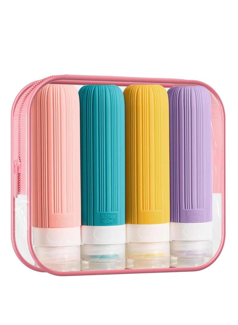 4Pcs Travel Bottles for Toiletries, Portable Travel Bottles, 3oz Leak Proof Travel Size Bottles, TSA Approved Travel Containers Jar, Squeezable Silicone Travel Size Containers, with Toiletry Bag
