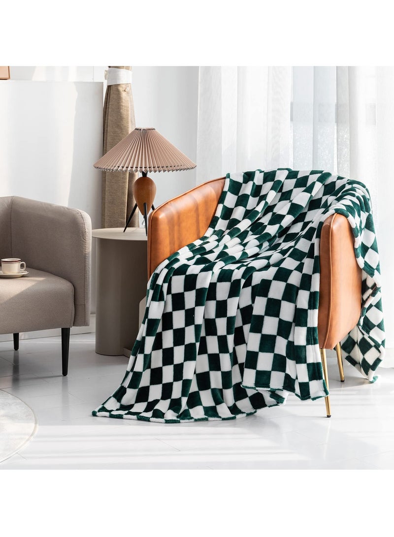 Checkered Flannel Throw Blanket, Soft and Luxurious, 150 x 130 cm, Cozy Blanket for Couch, Bed, Sofa, All-Season Warmth, Green