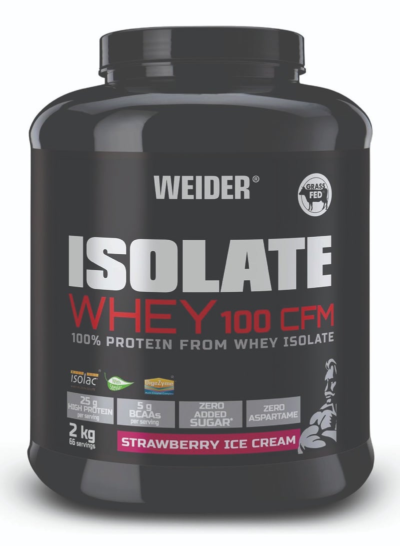 Isolate Whey 100 CFM 2kg Strawberry Icecream Flavour. Protein Powder with 25g Proteins and 5g BCAAs per Serving. Low Sugar. Aspartame-Free.