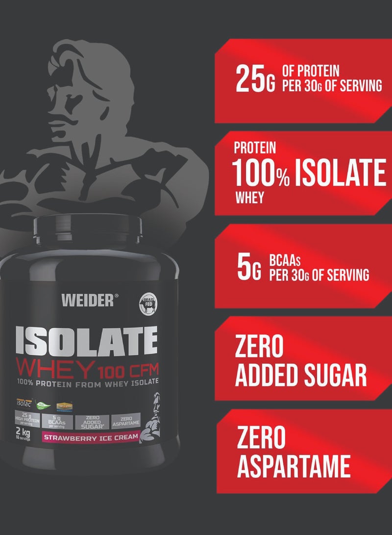 Isolate Whey 100 CFM 2kg Strawberry Icecream Flavour. Protein Powder with 25g Proteins and 5g BCAAs per Serving. Low Sugar. Aspartame-Free.