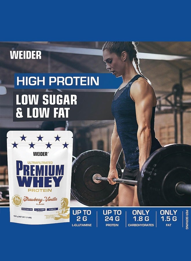 Premium Whey Protein 500g, High Protein, Low Carb, Zero Fat, Enriched with L-Glutamine & Vitamin B6, Strawberry & Vanilla