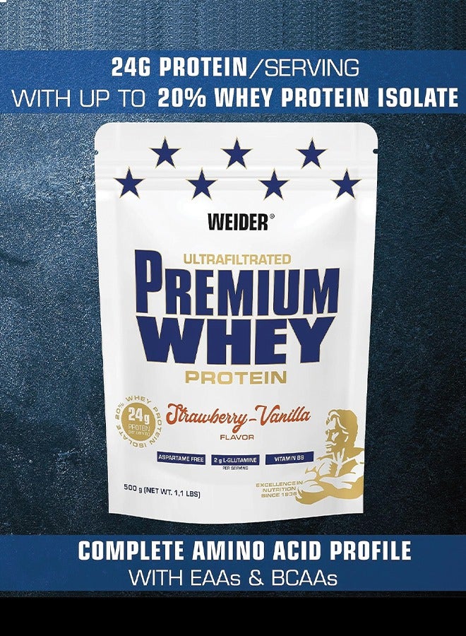 Premium Whey Protein 500g, High Protein, Low Carb, Zero Fat, Enriched with L-Glutamine & Vitamin B6, Strawberry & Vanilla