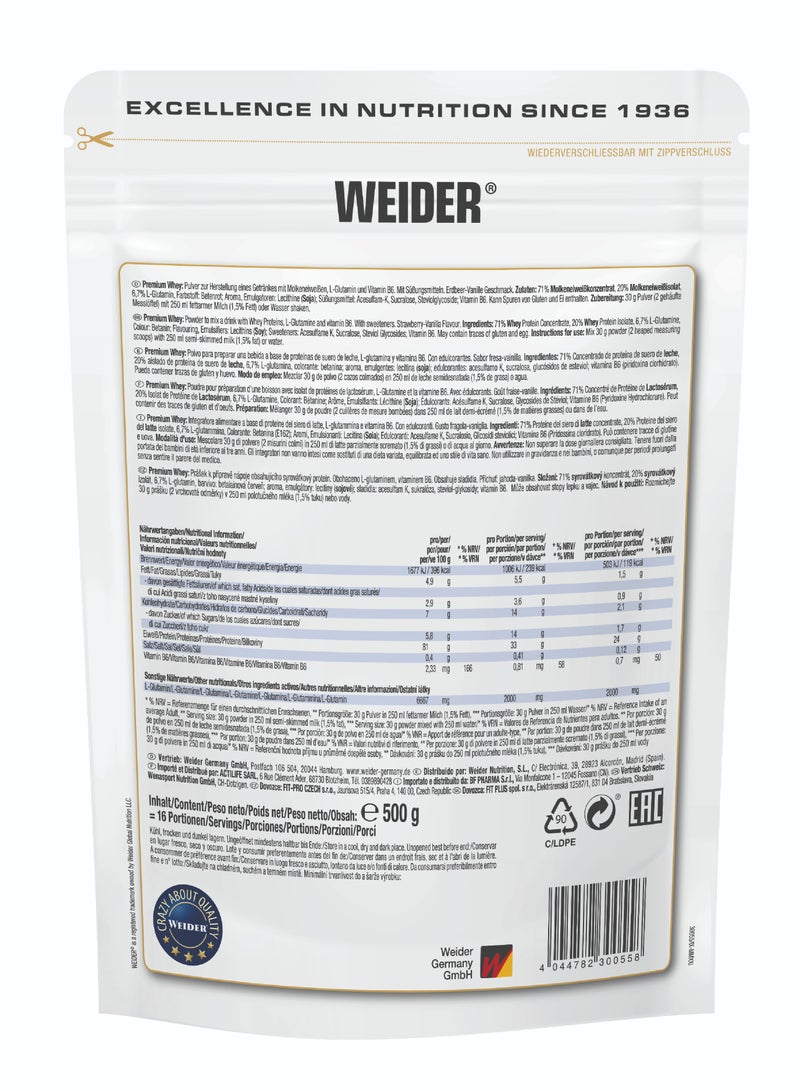 Premium Whey Protein 500g, High Protein, Low Carb, Zero Fat, Enriched with L-Glutamine & Vitamin B6, Strawberry & Vanilla