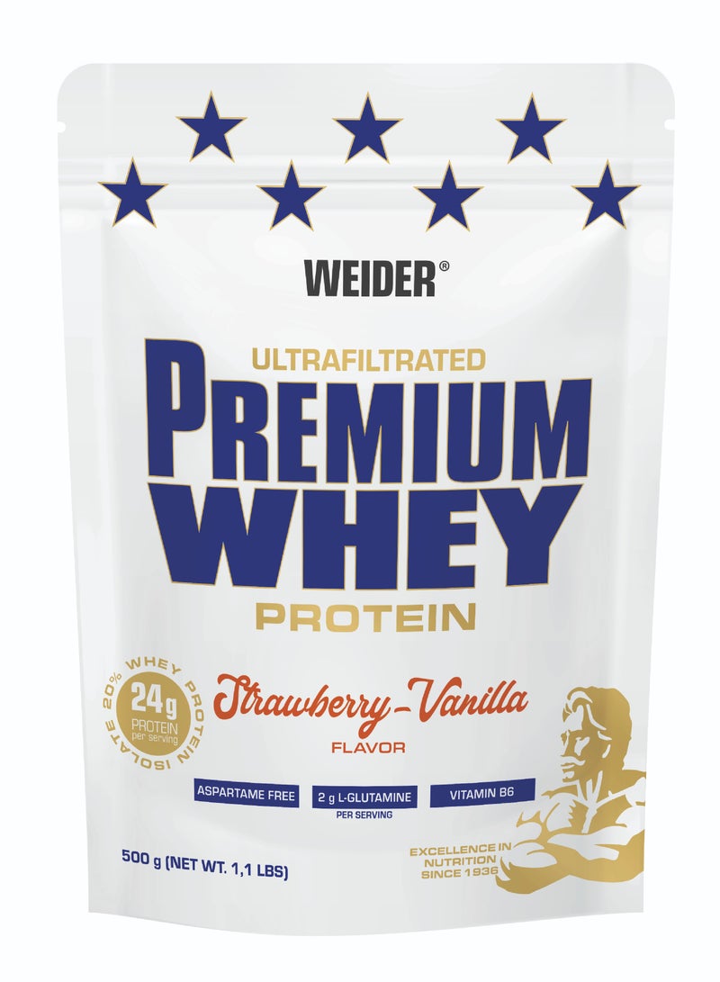 Premium Whey Protein 500g, High Protein, Low Carb, Zero Fat, Enriched with L-Glutamine & Vitamin B6, Strawberry & Vanilla