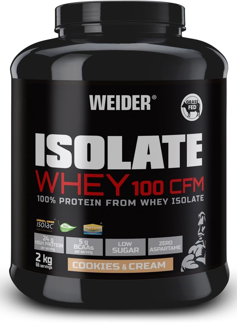 Isolate Whey 100 CFM 2kg Cookie & Cream Flavour. Protein Powder with 24g Proteins and 5g BCAAs per Serving, Low Sugar, Aspartame-Free