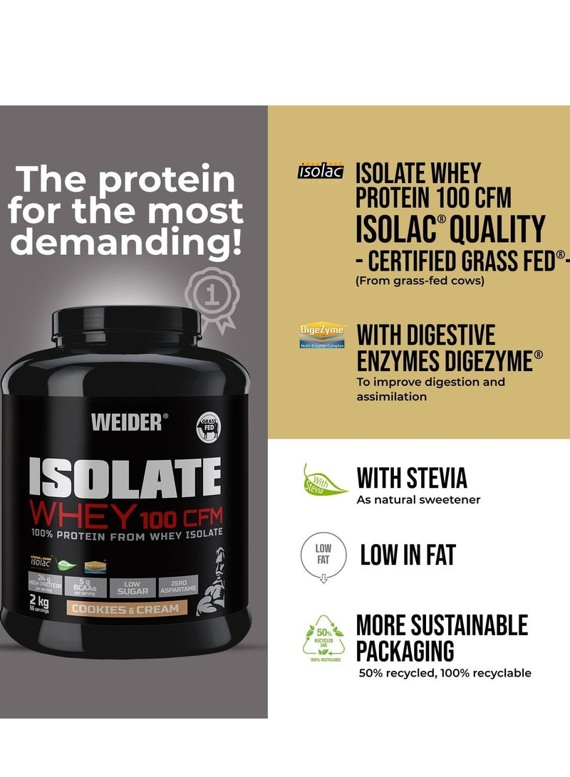 Isolate Whey 100 CFM 2kg Cookie & Cream Flavour. Protein Powder with 24g Proteins and 5g BCAAs per Serving, Low Sugar, Aspartame-Free