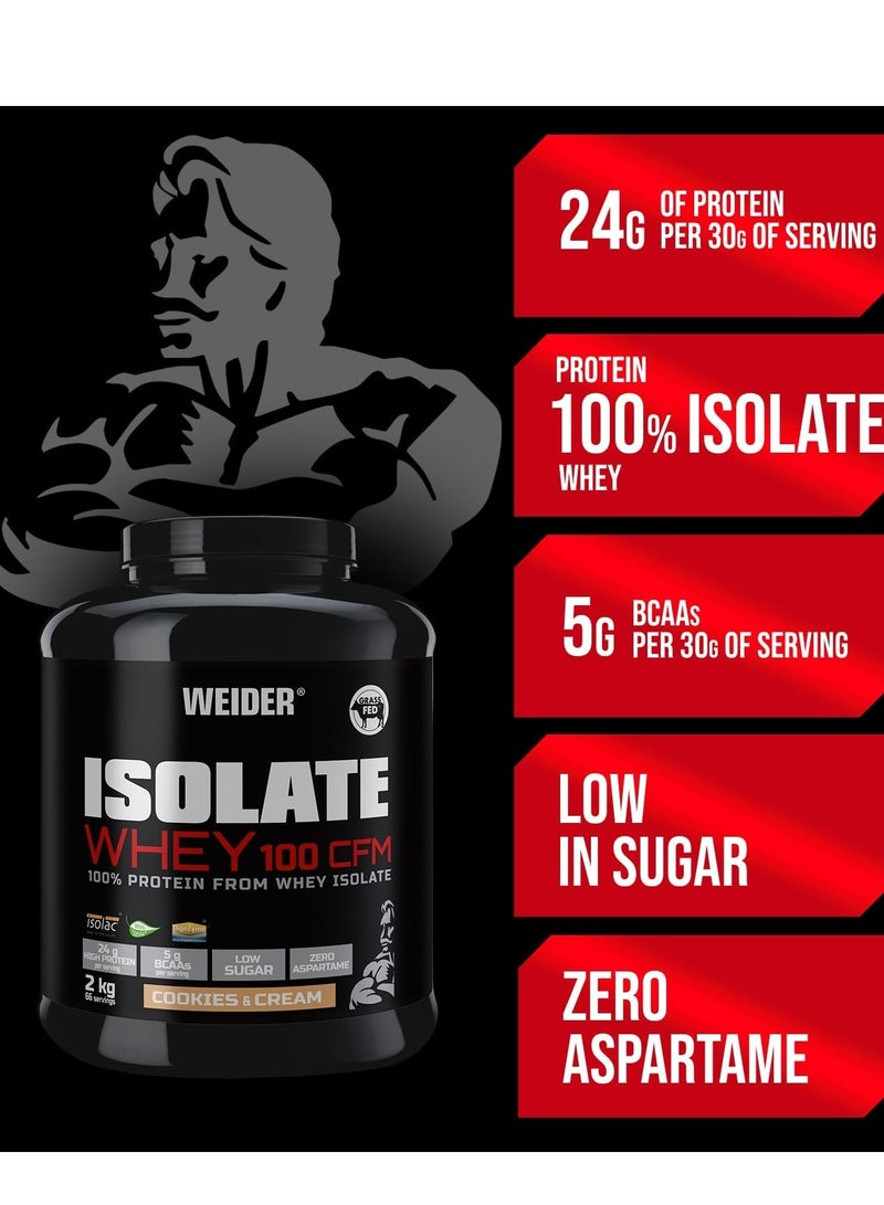 Isolate Whey 100 CFM 2kg Cookie & Cream Flavour. Protein Powder with 24g Proteins and 5g BCAAs per Serving, Low Sugar, Aspartame-Free