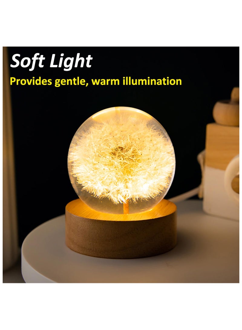 Flower Crystal Ball Night Light, Preserved Flower LED Light 2.4inch Dandelion Glass Ball Lamp with Wooden Base, Ambient Lights Decorations Gifts for Lover, Men, Women, Boys, Girls - Dandelion