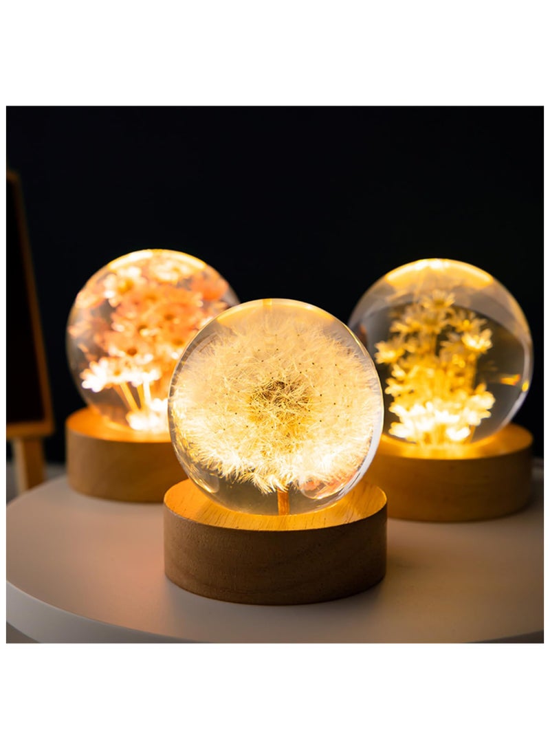 Flower Crystal Ball Night Light, Preserved Flower LED Light 2.4inch Dandelion Glass Ball Lamp with Wooden Base, Ambient Lights Decorations Gifts for Lover, Men, Women, Boys, Girls - Dandelion