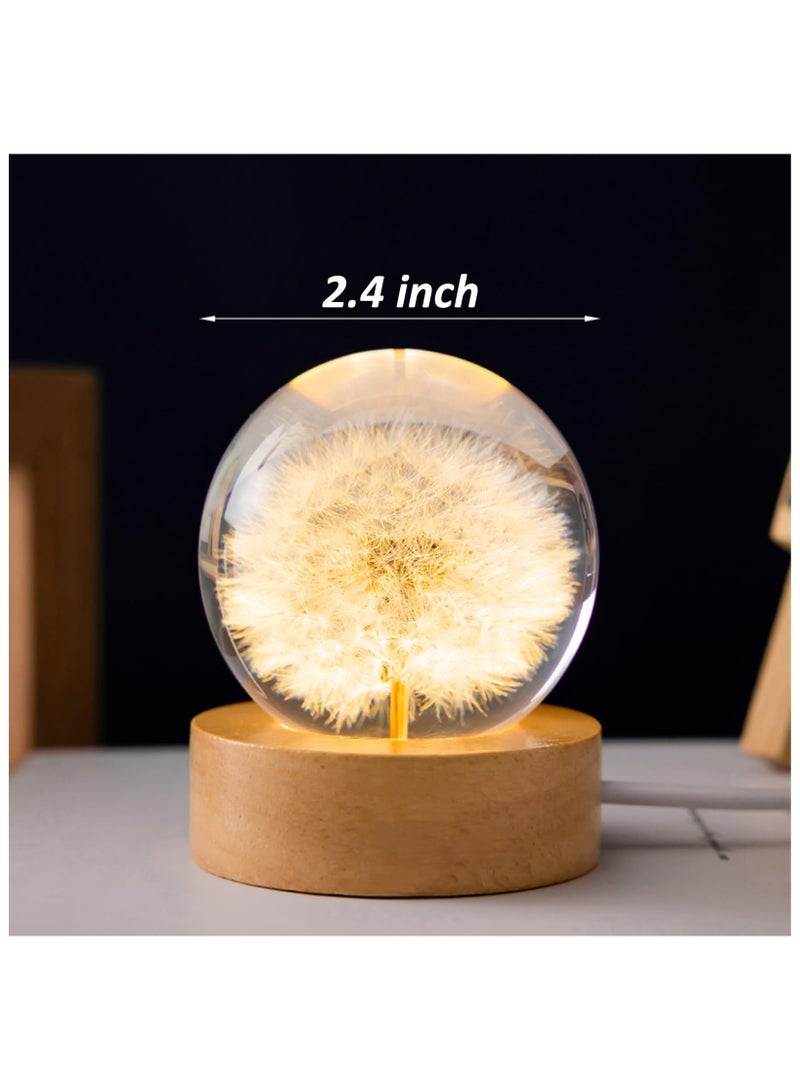 Flower Crystal Ball Night Light, Preserved Flower LED Light 2.4inch Dandelion Glass Ball Lamp with Wooden Base, Ambient Lights Decorations Gifts for Lover, Men, Women, Boys, Girls - Dandelion