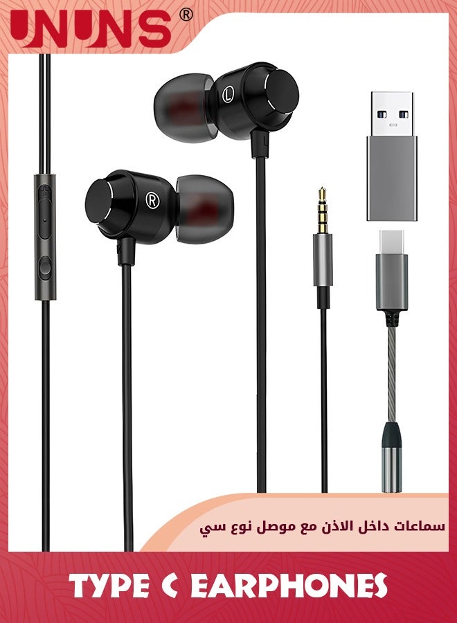 Wired Earbuds With USB-A to C Adapter,3.5mm Aux+USB-C+USB-A In-Ear Headphones Compatible With Mac Laptop PC Samsung Smartphones,Advanced DAC Sound Card,3-in-1 Earphones For Home Office Online Meeting