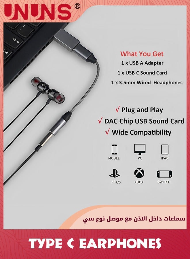 Wired Earbuds With USB-A to C Adapter,3.5mm Aux+USB-C+USB-A In-Ear Headphones Compatible With Mac Laptop PC Samsung Smartphones,Advanced DAC Sound Card,3-in-1 Earphones For Home Office Online Meeting