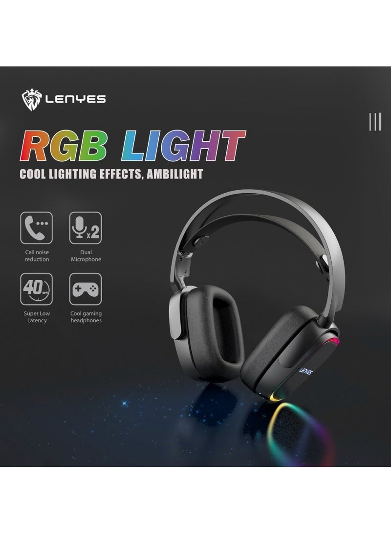 Lenyes LH21 pro headphones ENC RGB LIGHTGaming Headphones 5.1 ,wireless side button control at your fingertips, skin-friendly，all-inclusive，big earmuffs ，breathable not dull no leakage,70H play time
