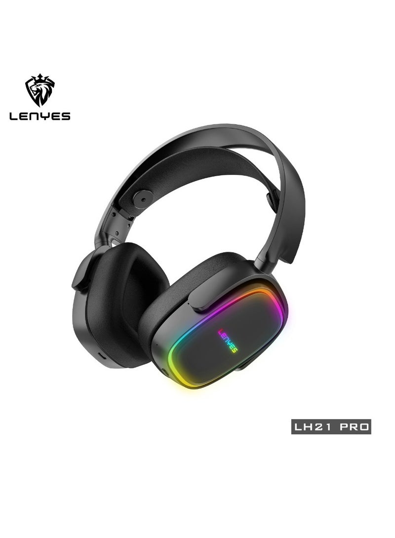 Lenyes LH21 pro headphones ENC RGB LIGHTGaming Headphones 5.1 ,wireless side button control at your fingertips, skin-friendly，all-inclusive，big earmuffs ，breathable not dull no leakage,70H play time