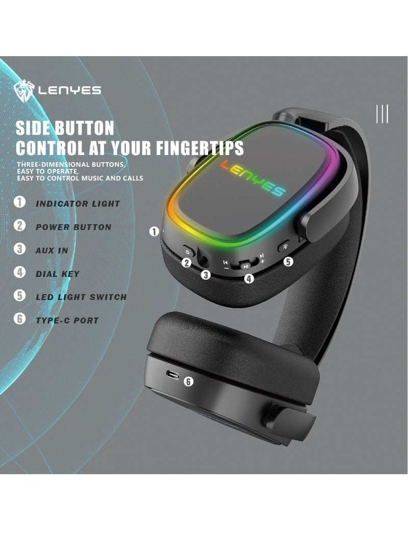 Lenyes LH21 pro headphones ENC RGB LIGHTGaming Headphones 5.1 ,wireless side button control at your fingertips, skin-friendly，all-inclusive，big earmuffs ，breathable not dull no leakage,70H play time