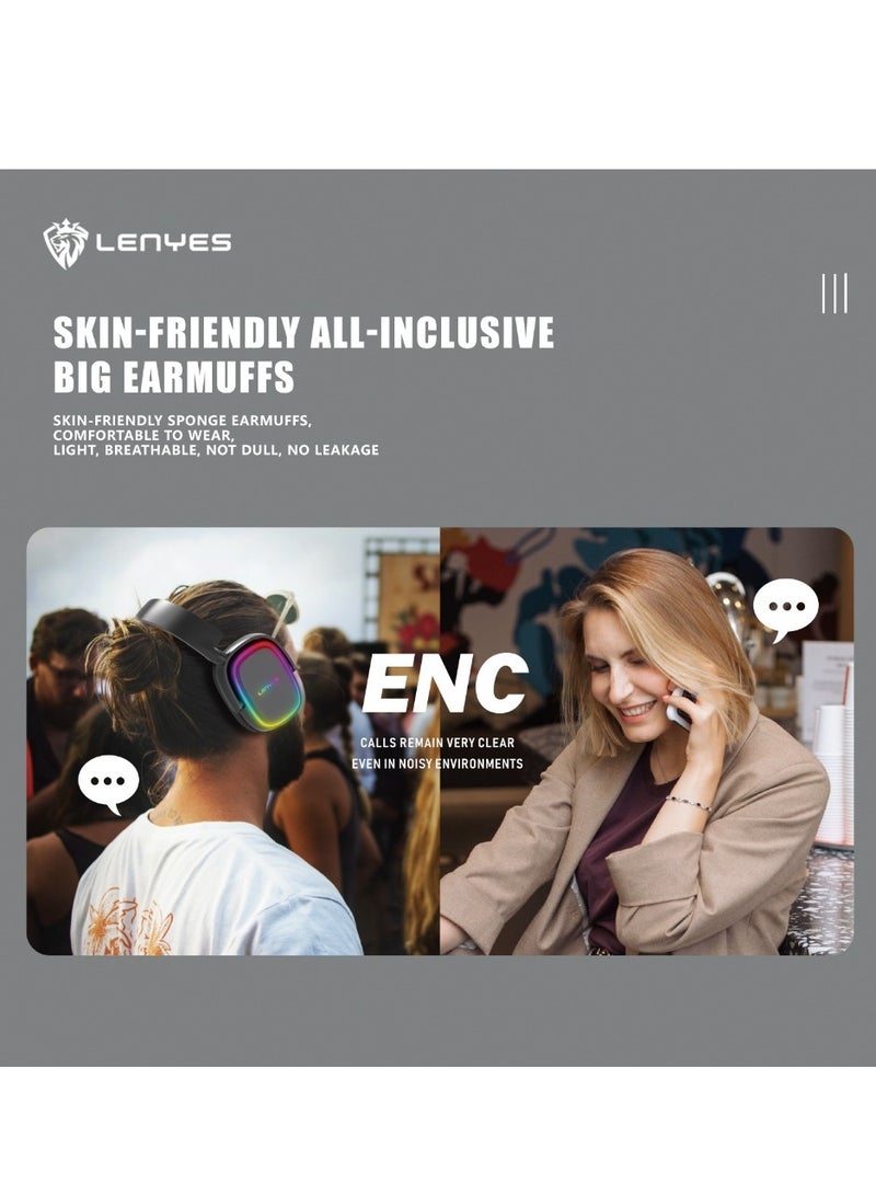 Lenyes LH21 pro headphones ENC RGB LIGHTGaming Headphones 5.1 ,wireless side button control at your fingertips, skin-friendly，all-inclusive，big earmuffs ，breathable not dull no leakage,70H play time