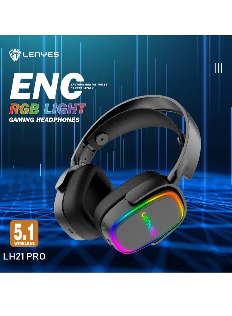 Lenyes LH21 pro headphones ENC RGB LIGHTGaming Headphones 5.1 ,wireless side button control at your fingertips, skin-friendly，all-inclusive，big earmuffs ，breathable not dull no leakage,70H play time