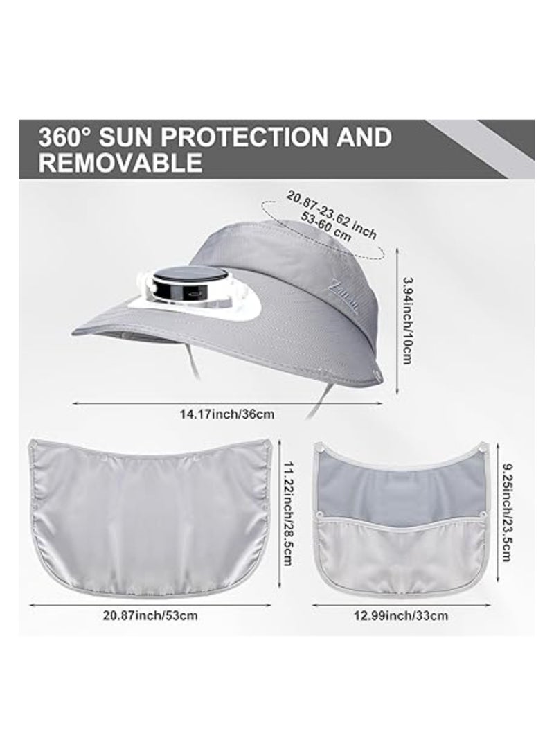 Solar Fan Sun Cap, Fishing Hat with Fan, Wide Brim Outdoor UPF 50+ Sun Protection with Detachable Neck Flap and Face Mask for Man and Women Outdoor Sport Travel Camping, UV Protection Hat, Grey