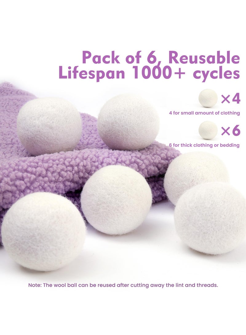 Wool Dryer Balls 6 Pack, Laundry Reusable Reduce Clothing Wrinkles, Wool Balls for Dryer, Natural Fabric Softener, New Zealand Wool, Saving Drying Time, Lint Free, Anti Static, Dryer Balls for Dryers