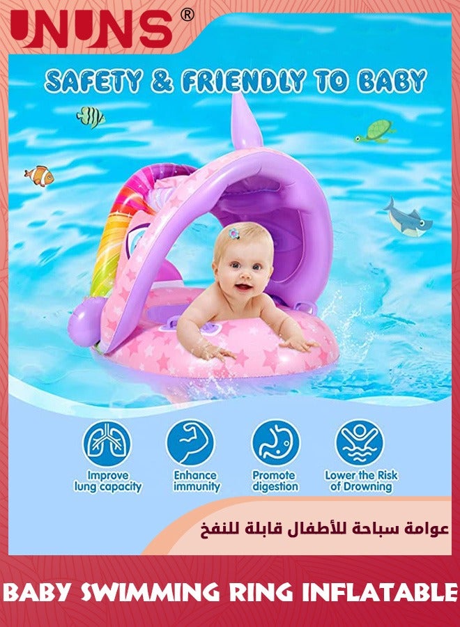 Baby Swimming Ring With Canopy,Kids Toddler Inflatable Pool Float Floaties Swim Ring With Sunshade And Seat,Summer Activity Outdoor Water Bath Toys For Girls Boys 1-6 Year,Pink Unicorn