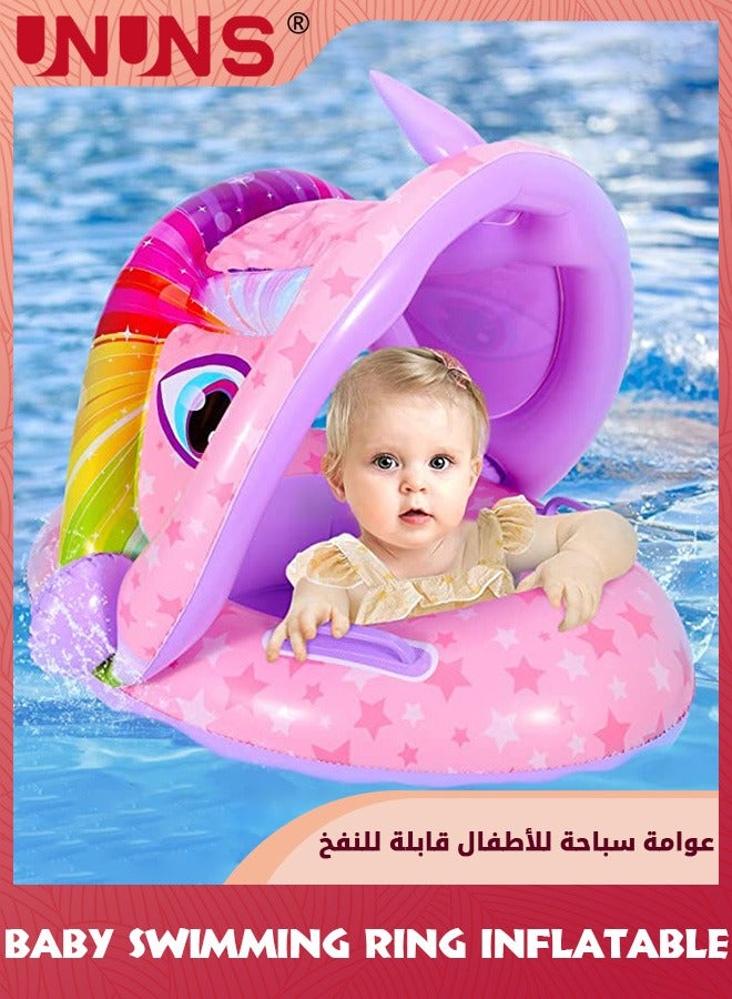 Baby Swimming Ring With Canopy,Kids Toddler Inflatable Pool Float Floaties Swim Ring With Sunshade And Seat,Summer Activity Outdoor Water Bath Toys For Girls Boys 1-6 Year,Pink Unicorn