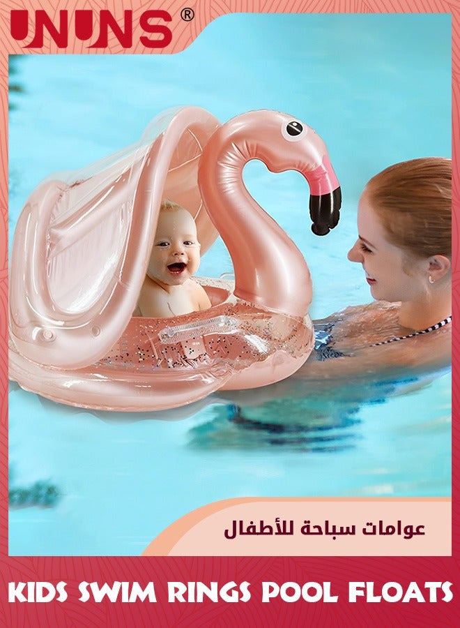 Baby Pool Float With Canopy,Kids Inflatable Swimming Ring,Infant Pool Floaties Swim Pool Ring With Sunshade And Seat,Summer Activity Outdoor Water Bath Toys For Girls Boys 1-6 Year,Gold Flamingo