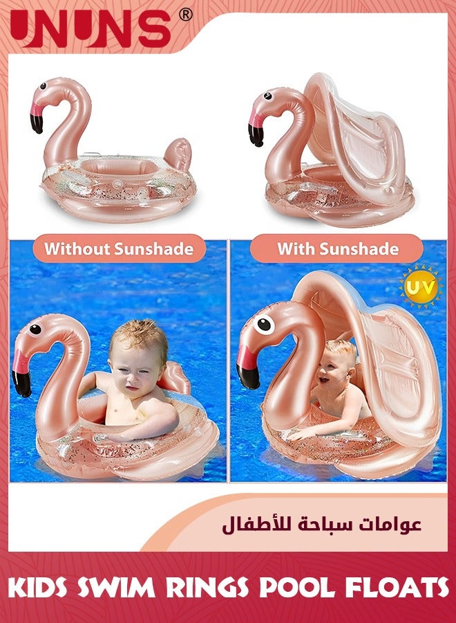 Baby Pool Float With Canopy,Kids Inflatable Swimming Ring,Infant Pool Floaties Swim Pool Ring With Sunshade And Seat,Summer Activity Outdoor Water Bath Toys For Girls Boys 1-6 Year,Gold Flamingo