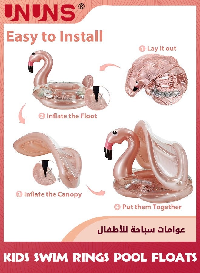 Baby Pool Float With Canopy,Kids Inflatable Swimming Ring,Infant Pool Floaties Swim Pool Ring With Sunshade And Seat,Summer Activity Outdoor Water Bath Toys For Girls Boys 1-6 Year,Gold Flamingo