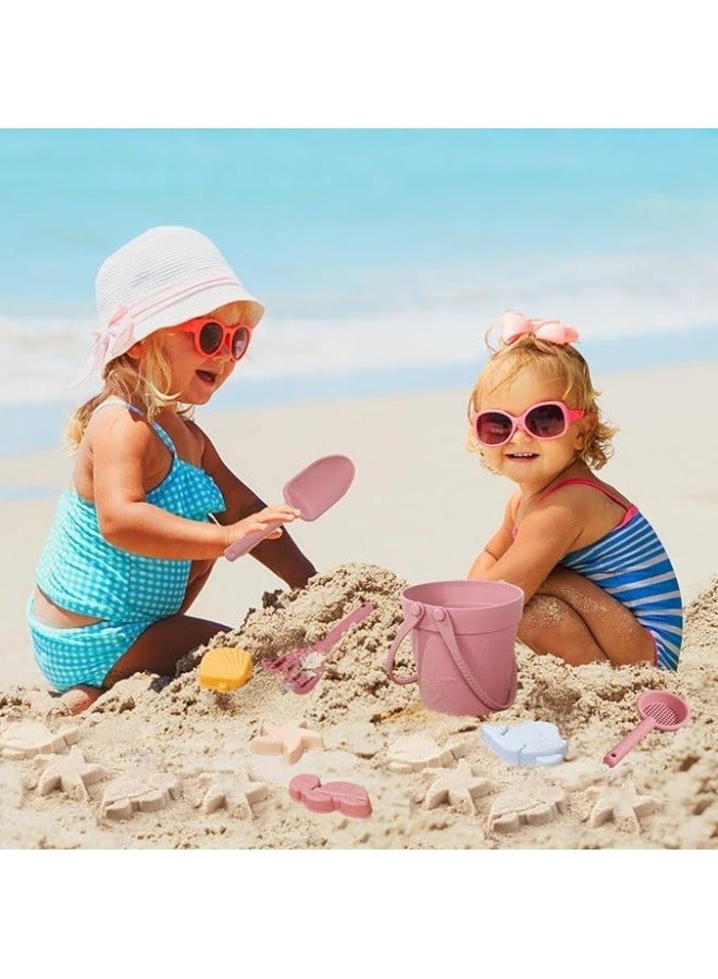 8Pcs Silicone Beach Toys with Portable Beach Bag Kids Sand Toys Set Travel Friendly Beach Toys Set for Boys Girls Beach Bucket Set with Sand Toy Molds Summer Outdoor Toys Pink