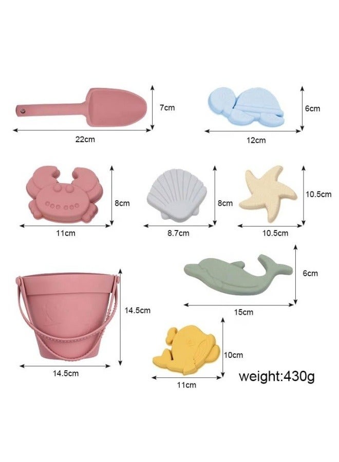 8Pcs Silicone Beach Toys with Portable Beach Bag Kids Sand Toys Set Travel Friendly Beach Toys Set for Boys Girls Beach Bucket Set with Sand Toy Molds Summer Outdoor Toys Pink