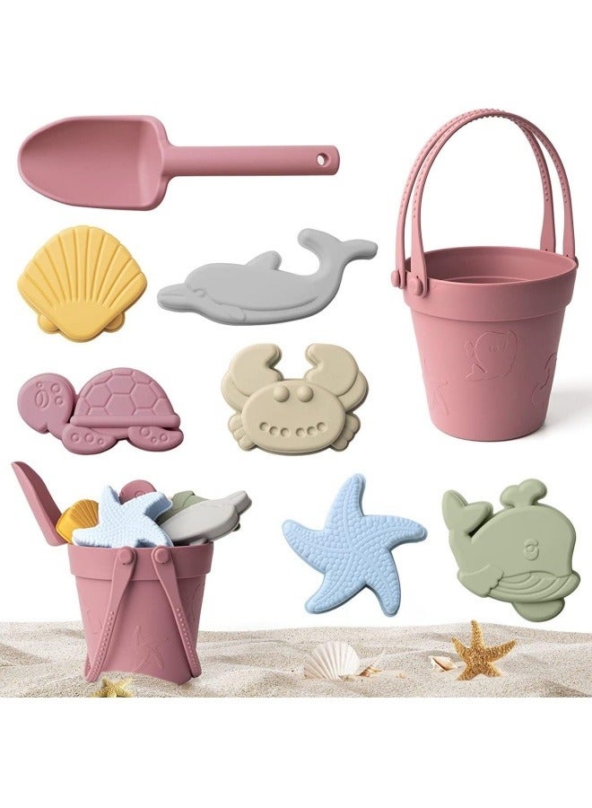 8Pcs Silicone Beach Toys with Portable Beach Bag Kids Sand Toys Set Travel Friendly Beach Toys Set for Boys Girls Beach Bucket Set with Sand Toy Molds Summer Outdoor Toys Pink