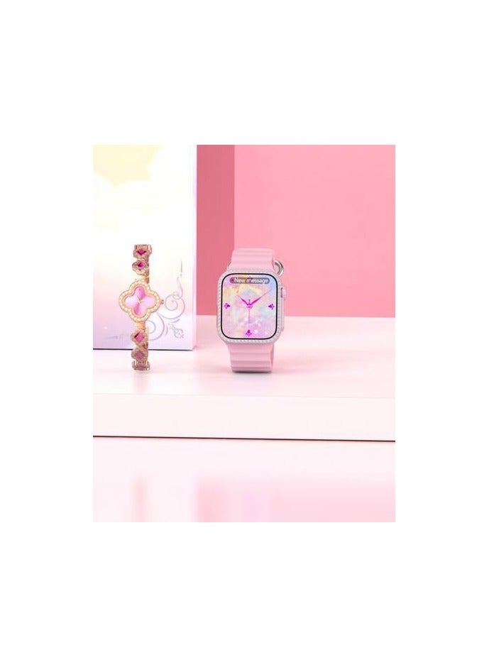 Modio MC82 Ultra Mini 36mm Micro Curved Display Ladies Smart Watch With Quartz Analog Watch Gemstone Bracelete and 3 Pair Straps Pink