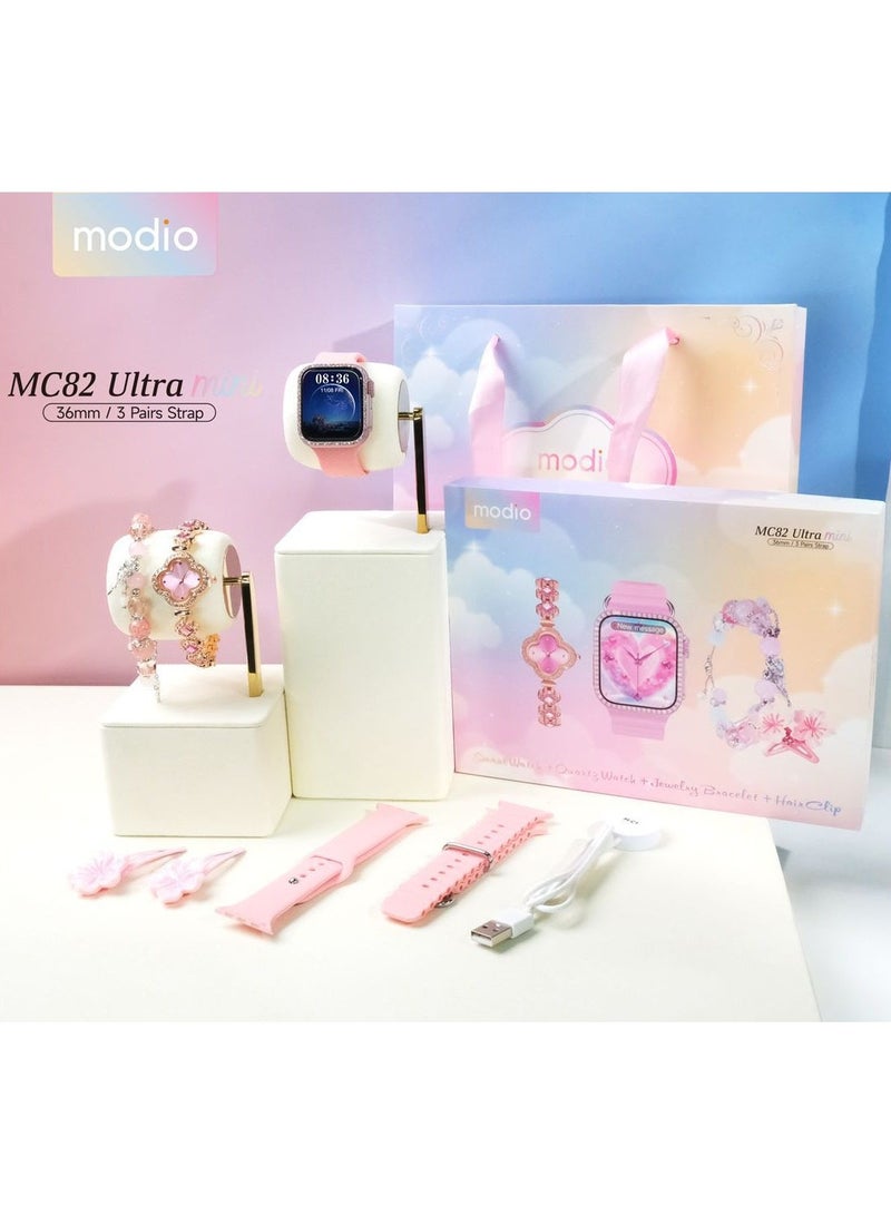 Modio MC82 Ultra Mini 36mm Micro Curved Display Ladies Smart Watch With Quartz Analog Watch Gemstone Bracelete and 3 Pair Straps Pink