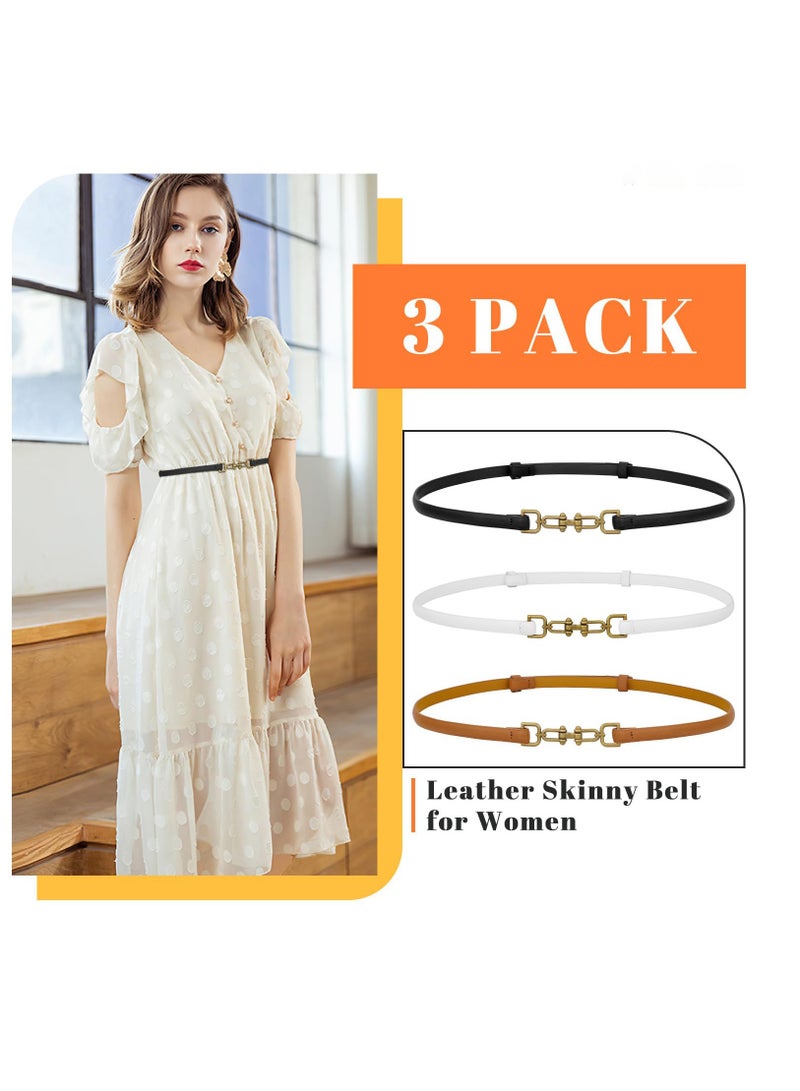 3 Pack Leather Skinny Women Belt Adjustable Thin Waist Belts with Alloy Buckle for Blouse Dresses