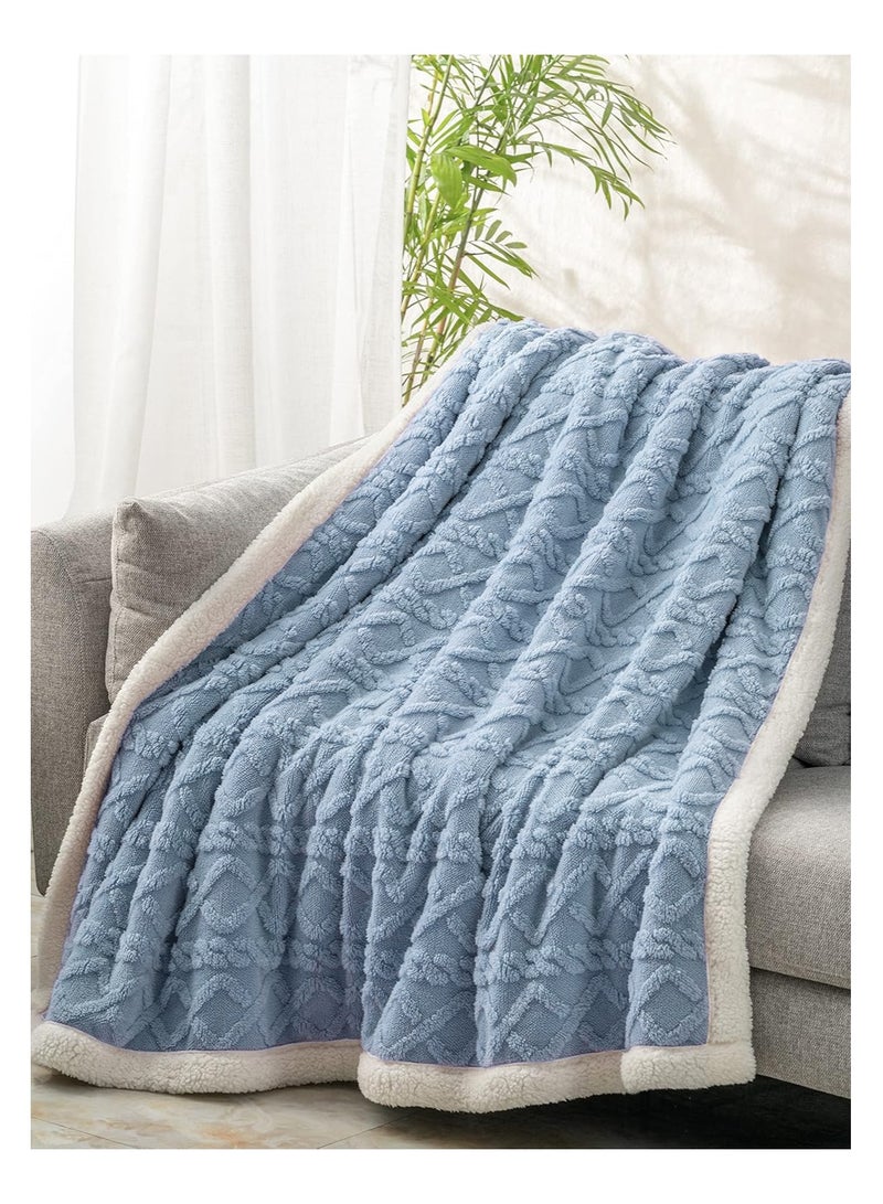 Jacquard Sherpa Blanket Super King Size Faux Fur Bed Blanket 220x240cm Flannel Fleece Reversible Blanket Double Size Warm and Plush Throw Blanket Blue Grey