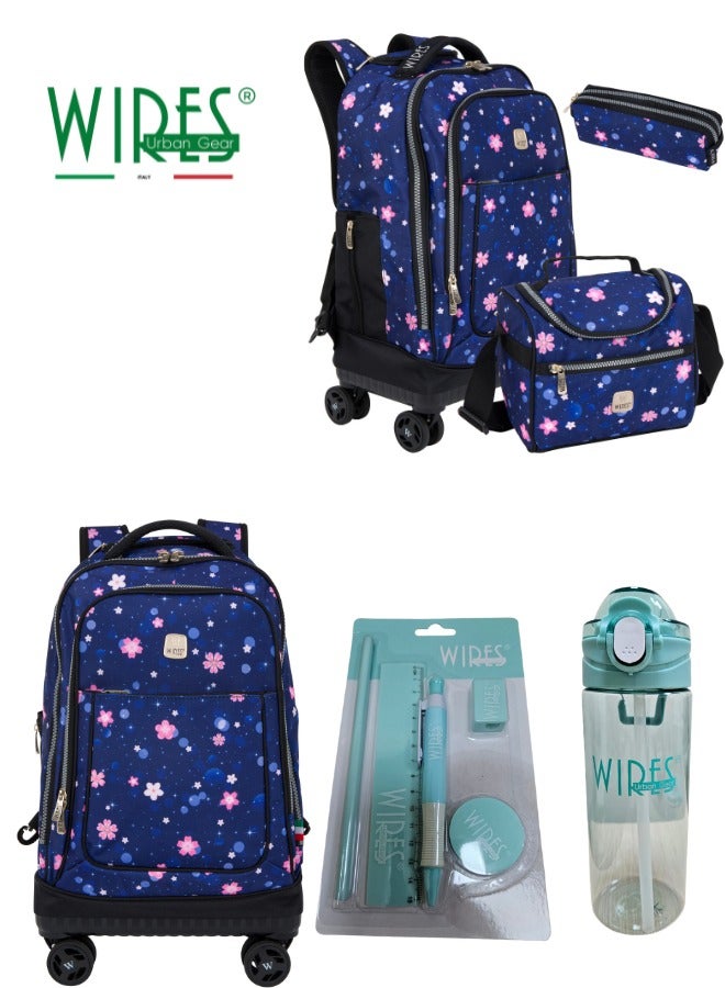 5 Piece Kids School Trolley Bag laptop compartment 4 Wheels With Lunch bag & Pencil Case