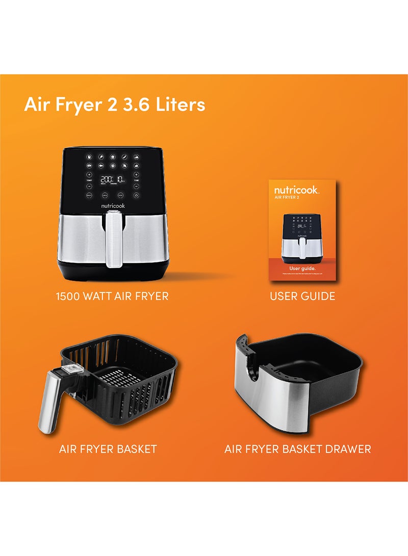 Air Fryer 2 Led One Touch Screen With 10 Presets Preheat Celsius To Fahrenheit Conversion Auto Shut Off And Shake Reminder 3.6 L 1500 W AF204 Stainless Steel