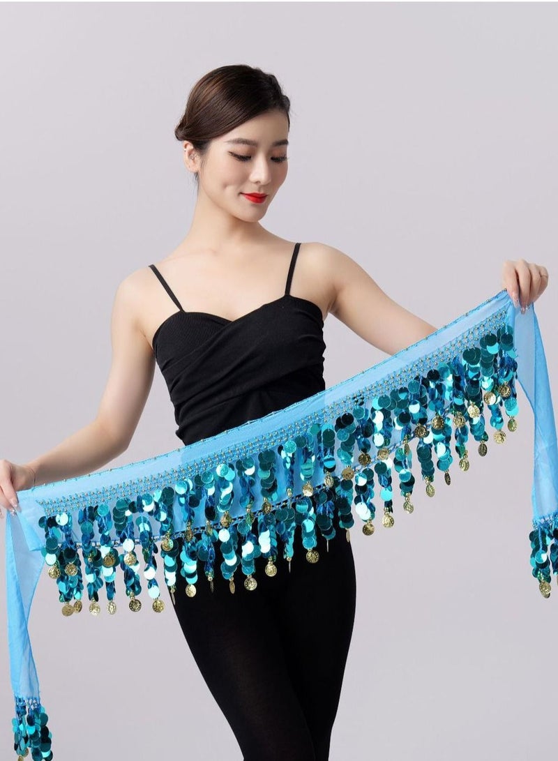 Sequin Waist Chain Skirt Sparkly Belly Dance Tassel Waist Wrap Belt Skirts Party Rave Costume Lake Blue