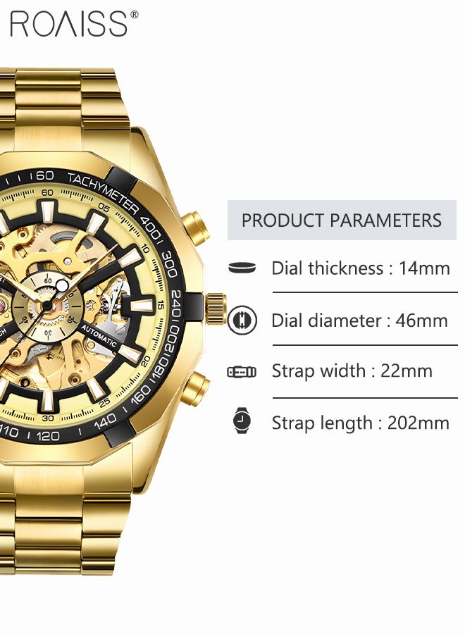 Men's Stainless Steel Strap Mechanical Watch Analog Display Round Gold Dial with Hollow Pattern Decoration Waterproof Luminous Wristwatch as Gift for Men