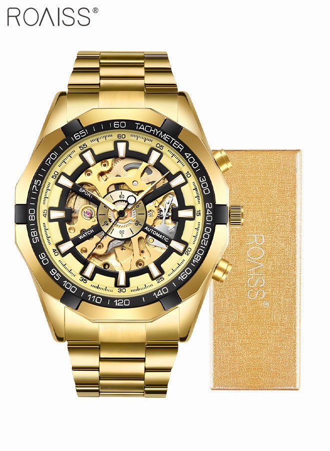 Men's Stainless Steel Strap Mechanical Watch Analog Display Round Gold Dial with Hollow Pattern Decoration Waterproof Luminous Wristwatch as Gift for Men