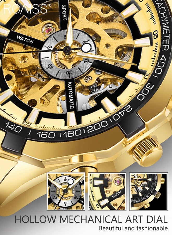 Men's Stainless Steel Strap Mechanical Watch Analog Display Round Gold Dial with Hollow Pattern Decoration Waterproof Luminous Wristwatch as Gift for Men