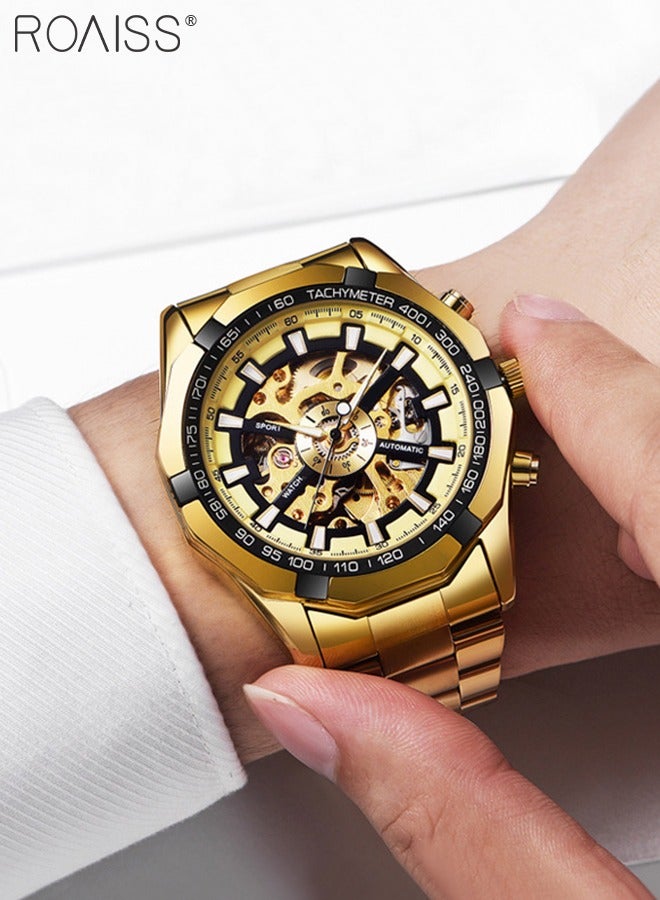 Men's Stainless Steel Strap Mechanical Watch Analog Display Round Gold Dial with Hollow Pattern Decoration Waterproof Luminous Wristwatch as Gift for Men