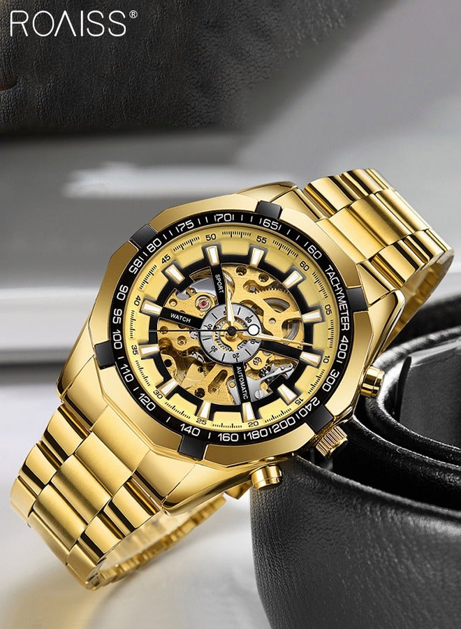 Men's Stainless Steel Strap Mechanical Watch Analog Display Round Gold Dial with Hollow Pattern Decoration Waterproof Luminous Wristwatch as Gift for Men