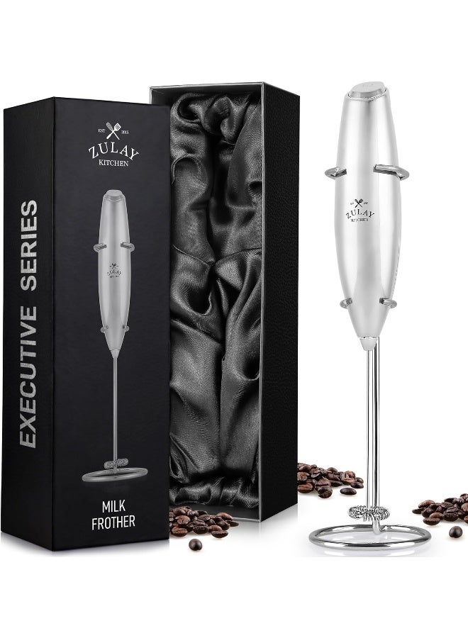 Zulay Executive Series Ultra Premium Gift Milk Frother For Coffee With Deluxe, Radiant Finish - Coffee Frother Handheld Foam Maker - Electric Milk Frother Handheld For Lattes Premium Uv Silver