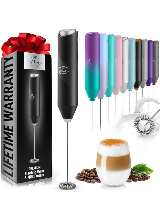 Powerful Milk Frother Wand - Mini Milk Frother Handheld Stainless Steel - Battery Operated Drink Mixer for Coffee, Lattes, Cappuccino, Matcha - Black