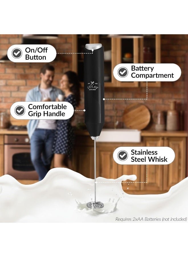 Powerful Milk Frother Wand - Mini Milk Frother Handheld Stainless Steel - Battery Operated Drink Mixer for Coffee, Lattes, Cappuccino, Matcha - Black