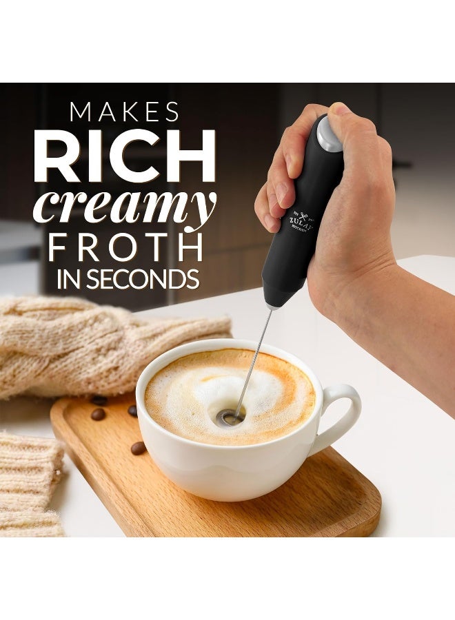 Powerful Milk Frother Wand - Mini Milk Frother Handheld Stainless Steel - Battery Operated Drink Mixer for Coffee, Lattes, Cappuccino, Matcha - Black